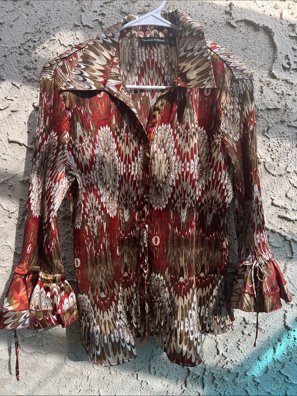 Essentials by Milano Red and Brown Abstract Ruffle Cuff Button-Down Shirt